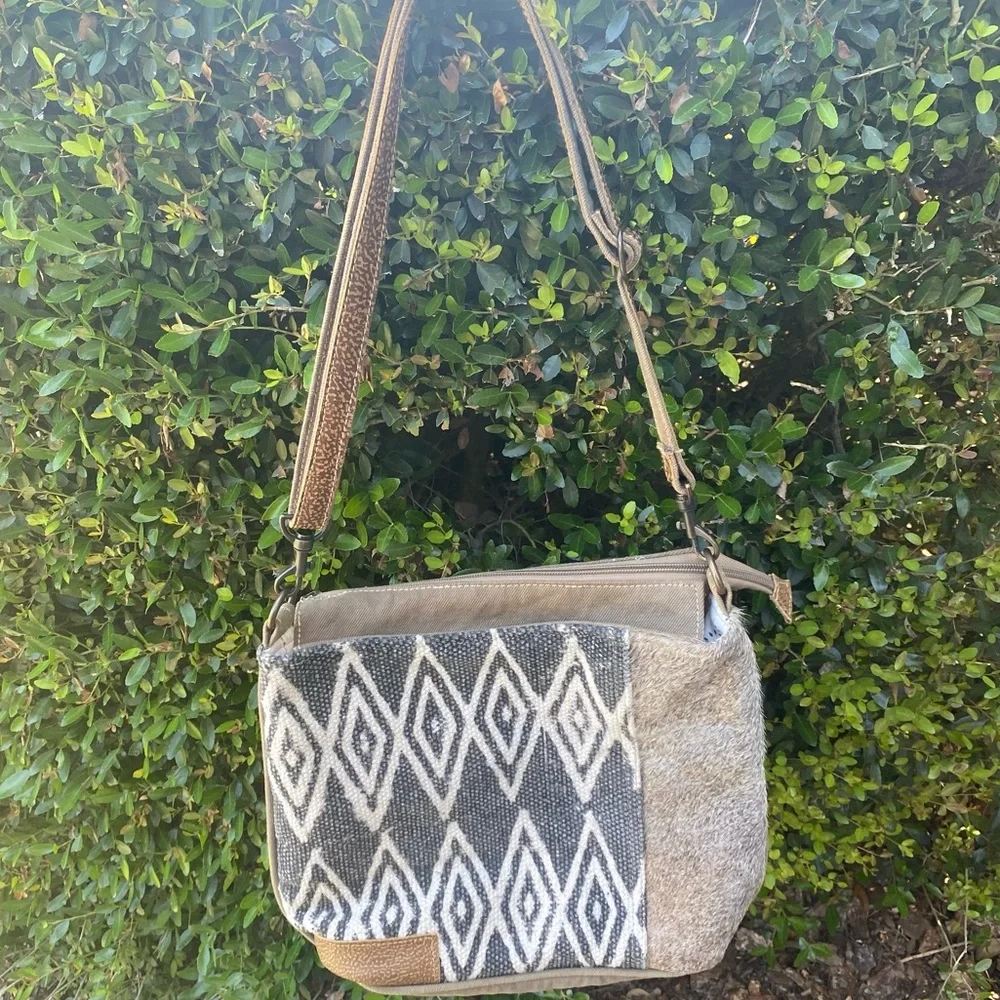 Myra Bag Women's Cerulean Shoulder Bag Upcycled Canvas‎ & Cowhide Boho Aztec